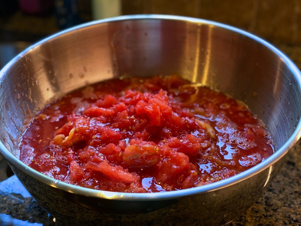 Crushed tomatoes ready for freezing
